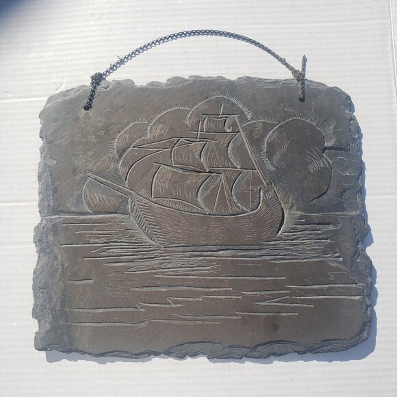 Vintage Slate Etching Ship Sail Boat Sailing Vessel Barque Schooner‎ Nautical - Picture 1 of 8